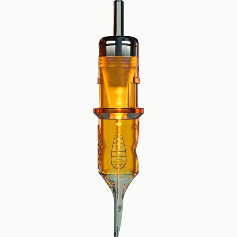 Transparent amber-colored edge pro magnum tattoo needle cartridge with metallic tip and black top cap