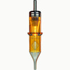 Edge pro power liner tattoo needle cartridge in orange-tinted transparent plastic with metallic tip and black top cap