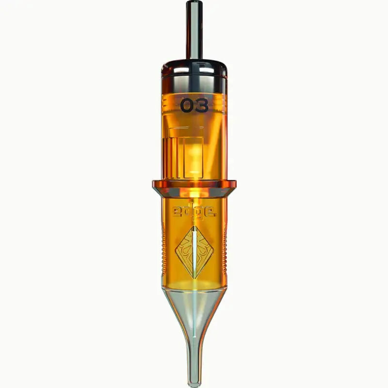 Edge pro power liner tattoo needle cartridge in orange-tinted transparent plastic with metallic tip and black top cap