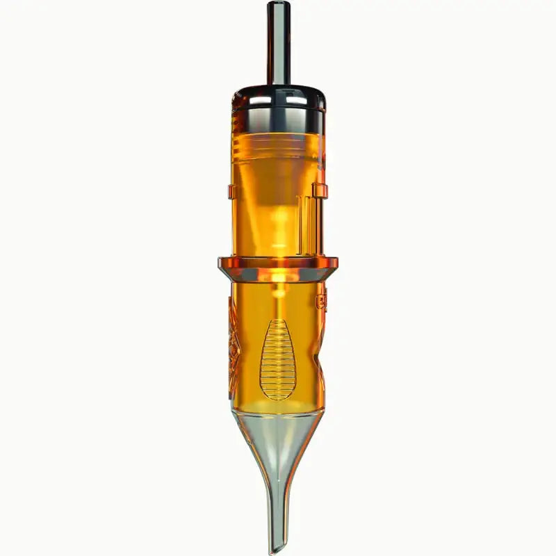 Transparent amber-colored edge pro tattoo needle cartridge with metallic silver tip and top cap for power liner use