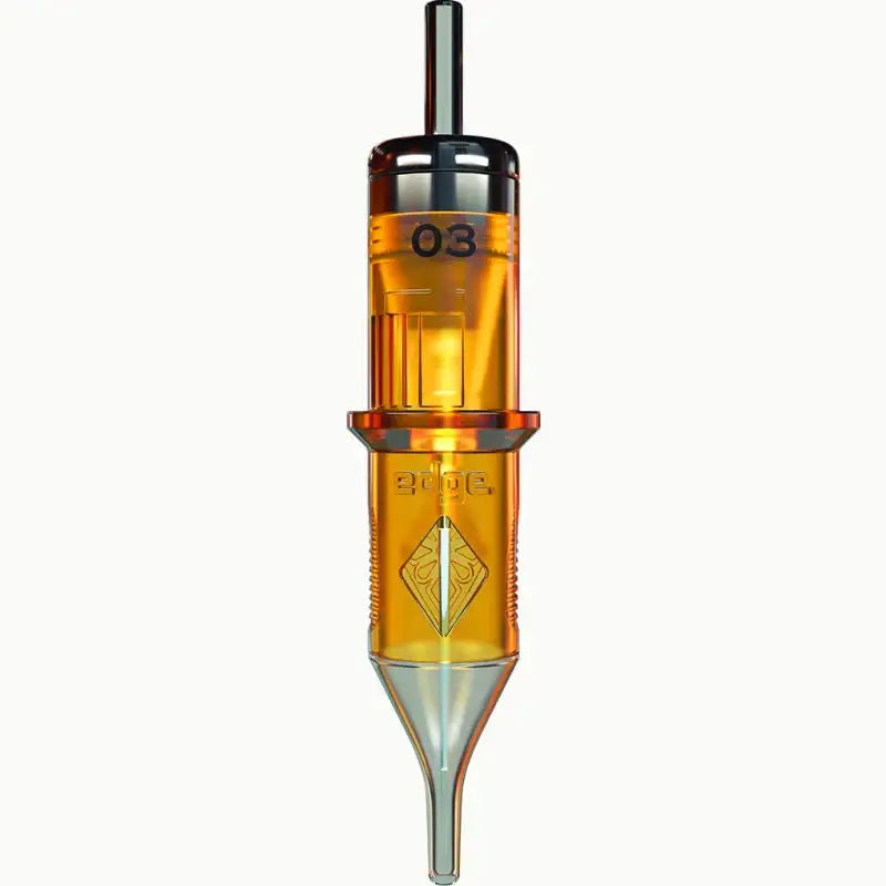 Edge pro orange tinted round liner cartridge needle with metallic tip black top and 03 marking on translucent body