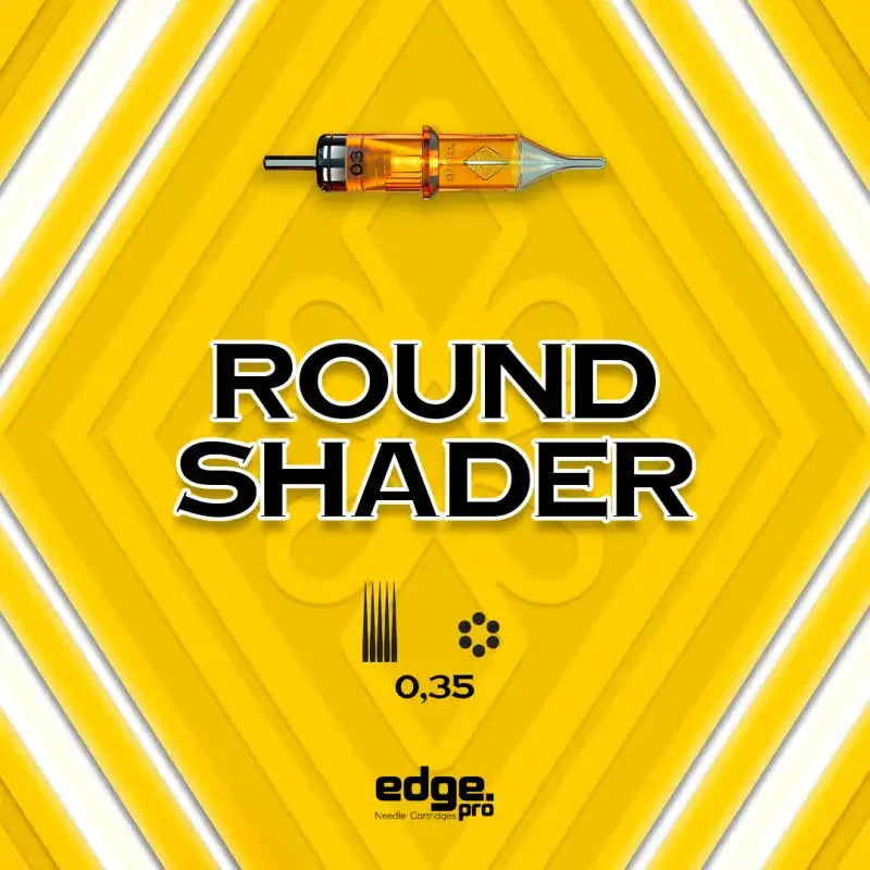 Orange-tinted round shader needle cartridge with metallic tip and black threading branded edge.pro for shading tattooing