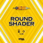 Orange-tinted round shader needle cartridge with metallic tip and black threading branded edge.pro for shading tattooing