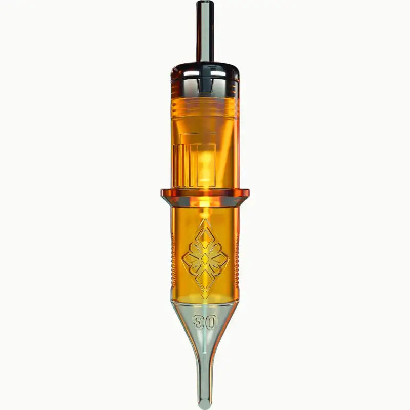 Transparent amber-colored edge pro round shader tattoo needle cartridge with metallic tip and engraved floral design marked 30 on cone