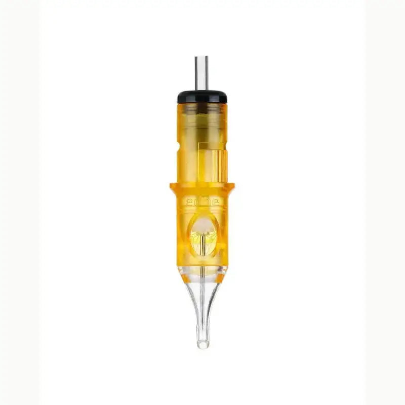 Edge pro round shader cartridge featuring a yellow translucent plastic needle cartridge with black cap and clear housing