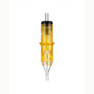 Edge pro round shader cartridge featuring a yellow translucent plastic needle cartridge with black cap and clear housing