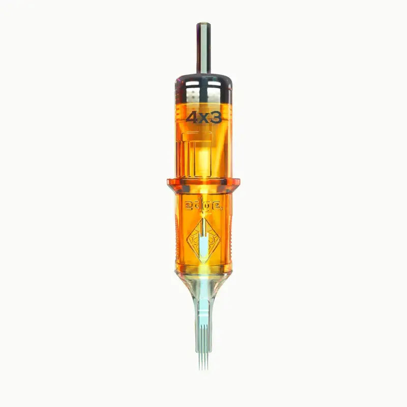 Orange translucent edge pro tattoo machine cartridge with metallic needle tip marked 4x3 for whip shading