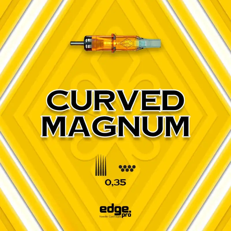 Orange-tinted curved magnum needle cartridge with metallic tip and translucent body branded by edge pro for tattooing