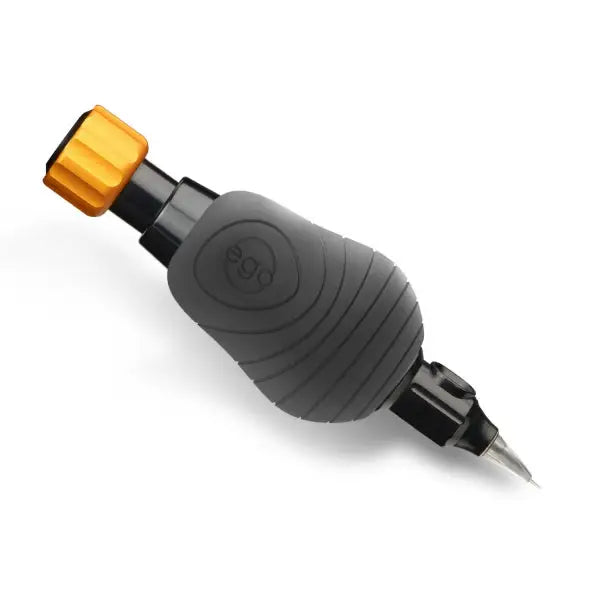 Black and orange tattoo machine with textured grip featuring egg brand logo for ego hawkflow disposable grip covers 10 pcs