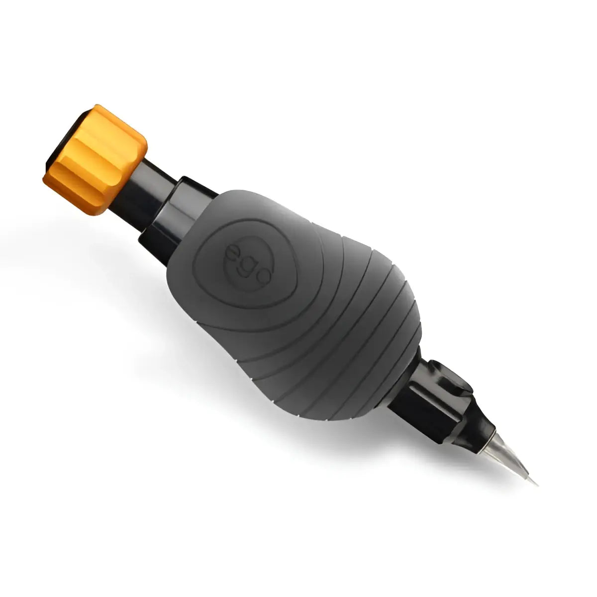 Machine à tatouer noire et orange avec poignée texturée, arborant le logo de la marque Ego pour les housses de poignée jetables Ego Hawkflow, 10 pièces