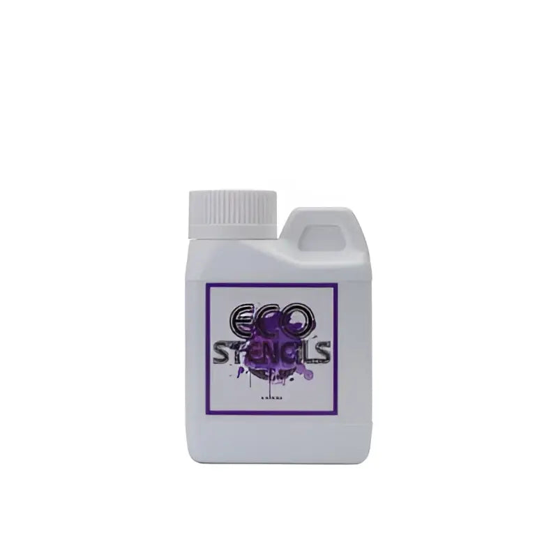 Weiße Plastikflasche mit weißem Schraubverschluss und lila Eco-Stencils-Etikett mit 120 ml electrum Farben für Drucker