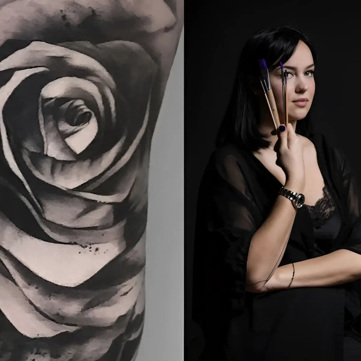 Schwarz-graues realistisches Rosen-Tattoo auf Haut, erstellt mit ELECTRUM NOX violettem Hektograf-Freehand-stencil und Farben 60ml