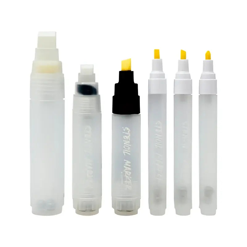 Set aus sechs transparenten, nachfüllbaren Farbmarkern aus Kunststoff mit gelben tips und schwarzen Kappen, einschließlich größerem Sprühmarker
