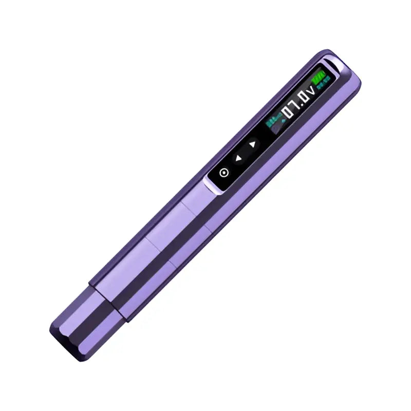Stylo machine sans fil PMU Ez Lola métallique violet clair avec affichage numérique indiquant 07.1v et boutons de commande latéraux