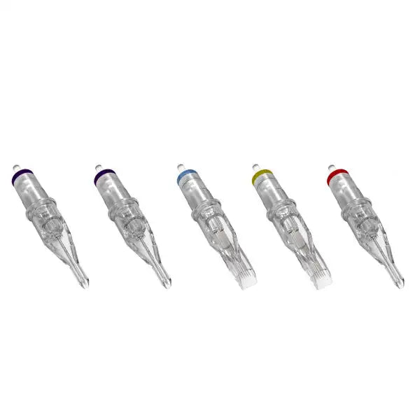 Five clear plastic tattoo needles with colored caps in purple, blue, yellow, and red.