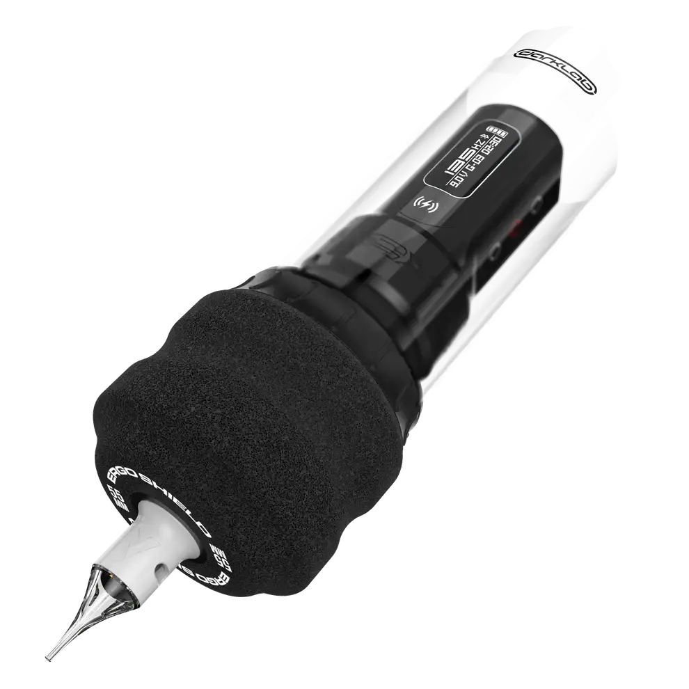 White and black wireless tattoo machine with textured grip and zerkoo branding shown with fk irons ergo shield disposable foam tattoo grips black 24pcs