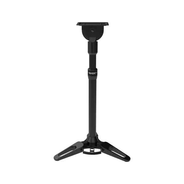 Black adjustable monitor stand with tripod base and ghost branding on central column for demon arm rest system