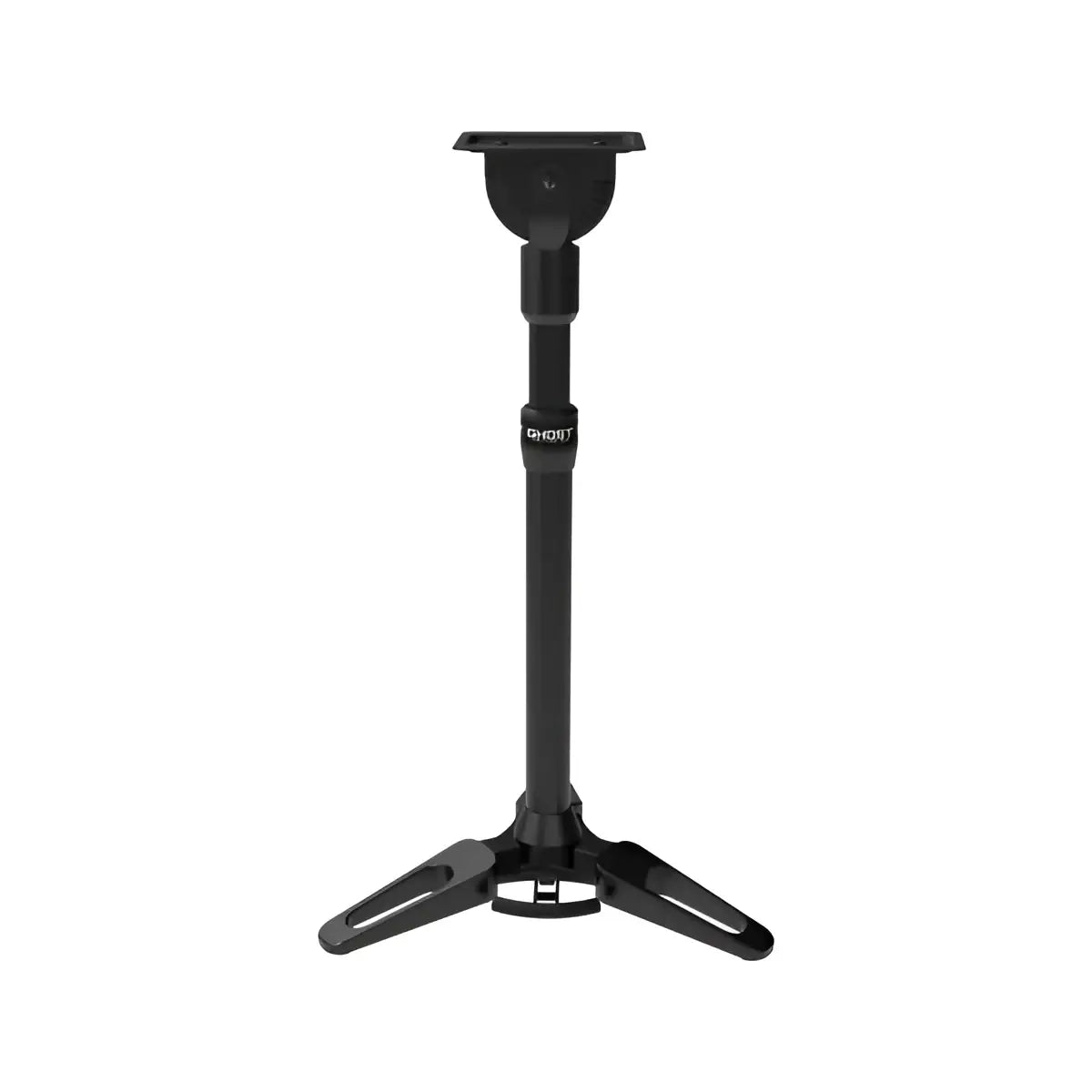 Black adjustable monitor stand with tripod base and ghost branding on central column for demon arm rest system