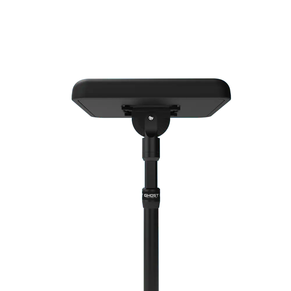 Black ghost brand solar-powered outdoor light fixture with modern design and sturdy pole mount for demon arm rest system