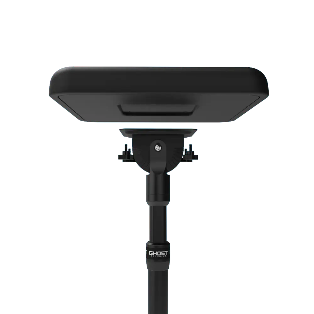 Black ghost radios portable radio with sleek rectangular top and adjustable stand shown with demon arm rest pad