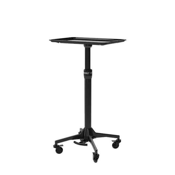 Black metal ghost demon tray cart with flat rectangular top and five-wheel base for full system use