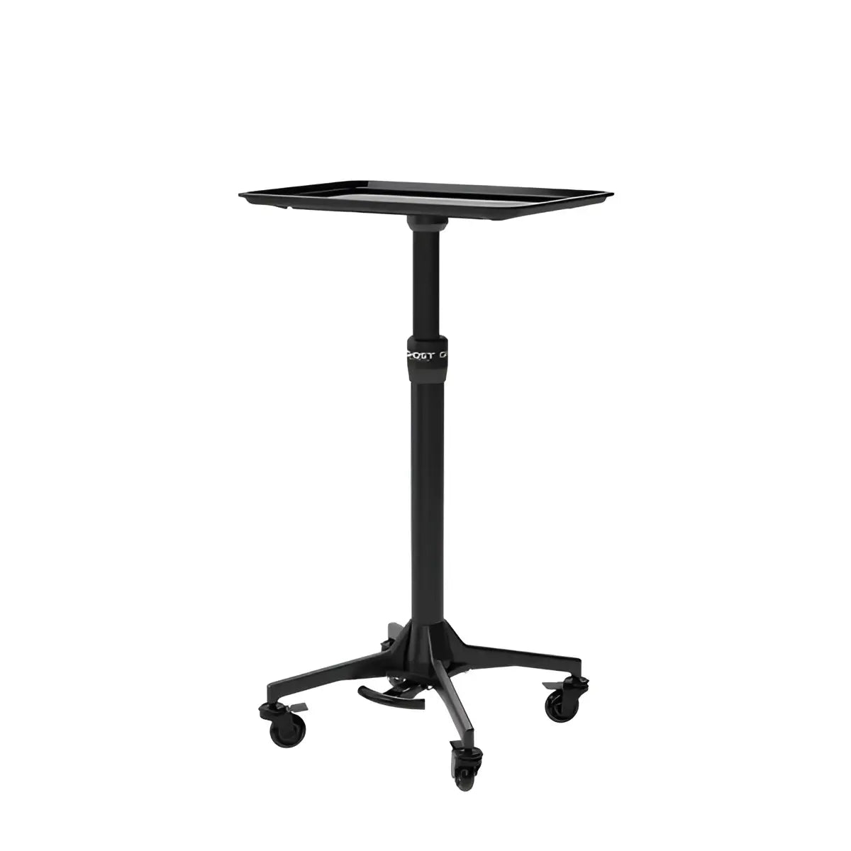 Black metal ghost demon tray cart with flat rectangular top and five-wheel base for full system use