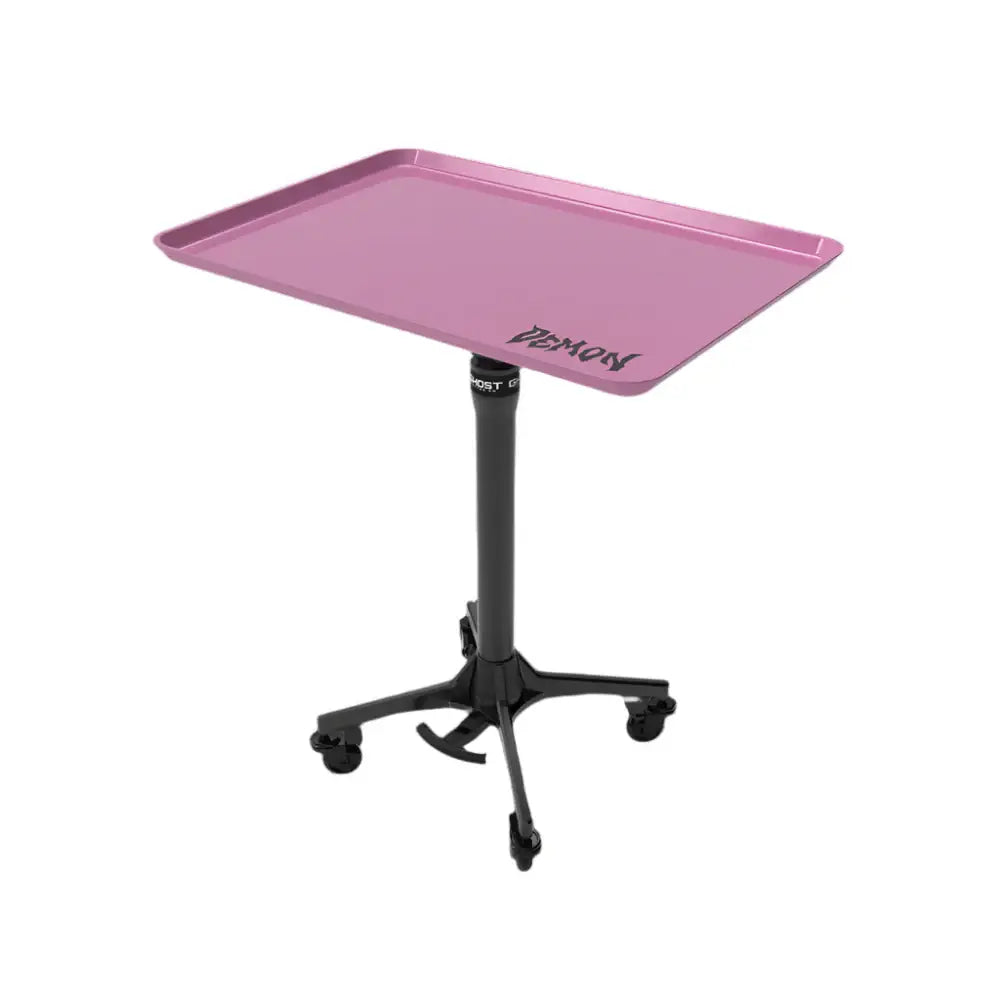 Pink metallic demon tray table with black adjustable height stand and caster wheels from ghost full system