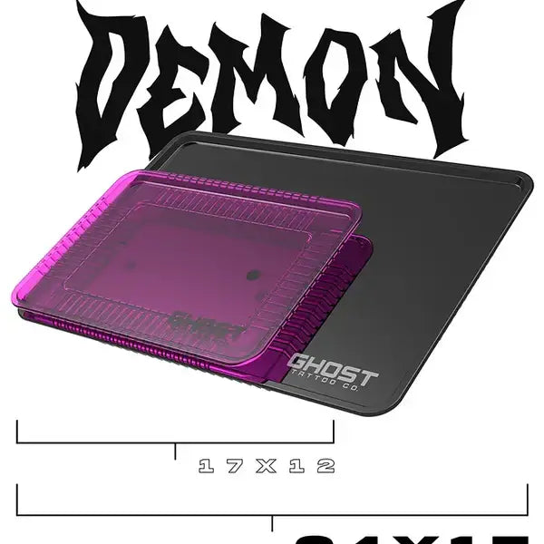 Purple translucent plastic demon tray with black base branded ghost tattoo co for full tattoo system use