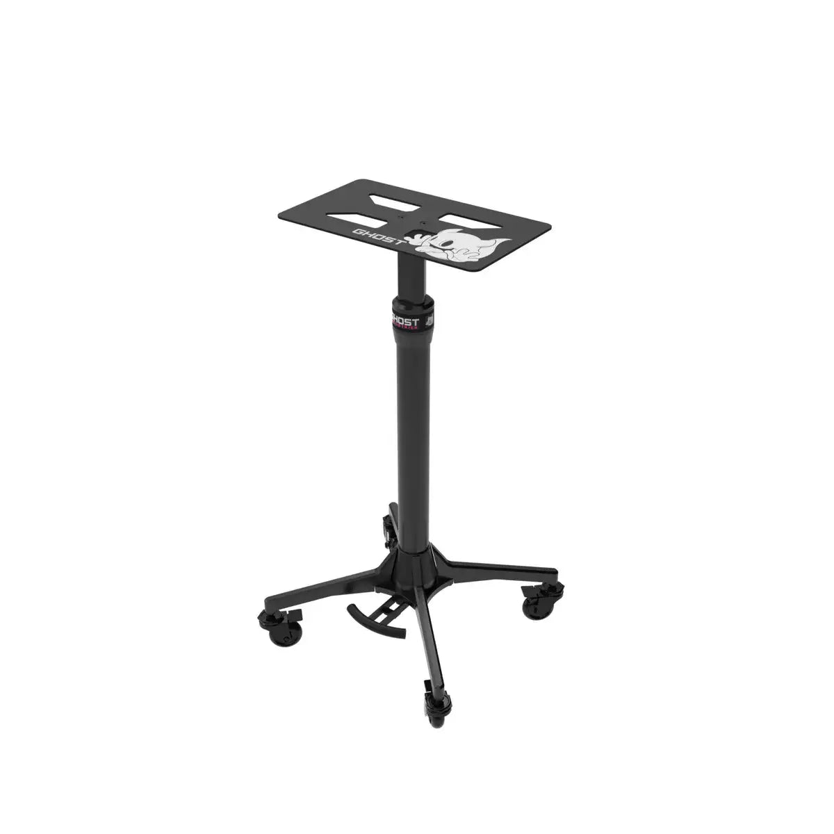 Black adjustable-height ghost demon tray mayo base monitor stand with sonic the hedgehog logo and caster wheels