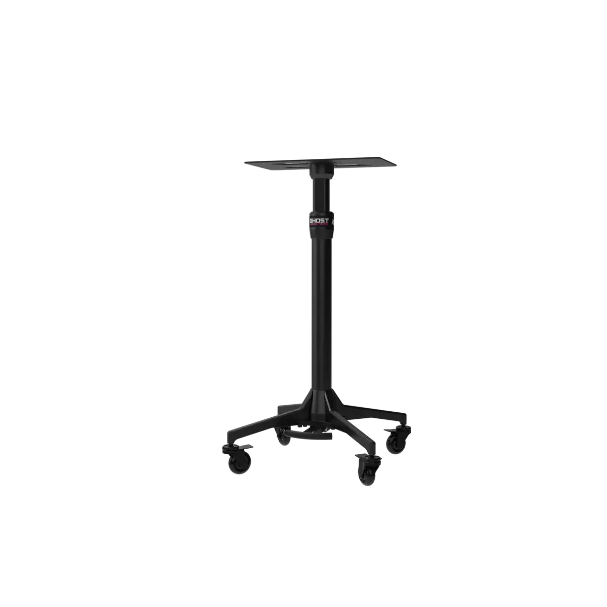 Black adjustable-height ghost demon tray mayo base table with sleek modern design and four caster wheels for mobility
