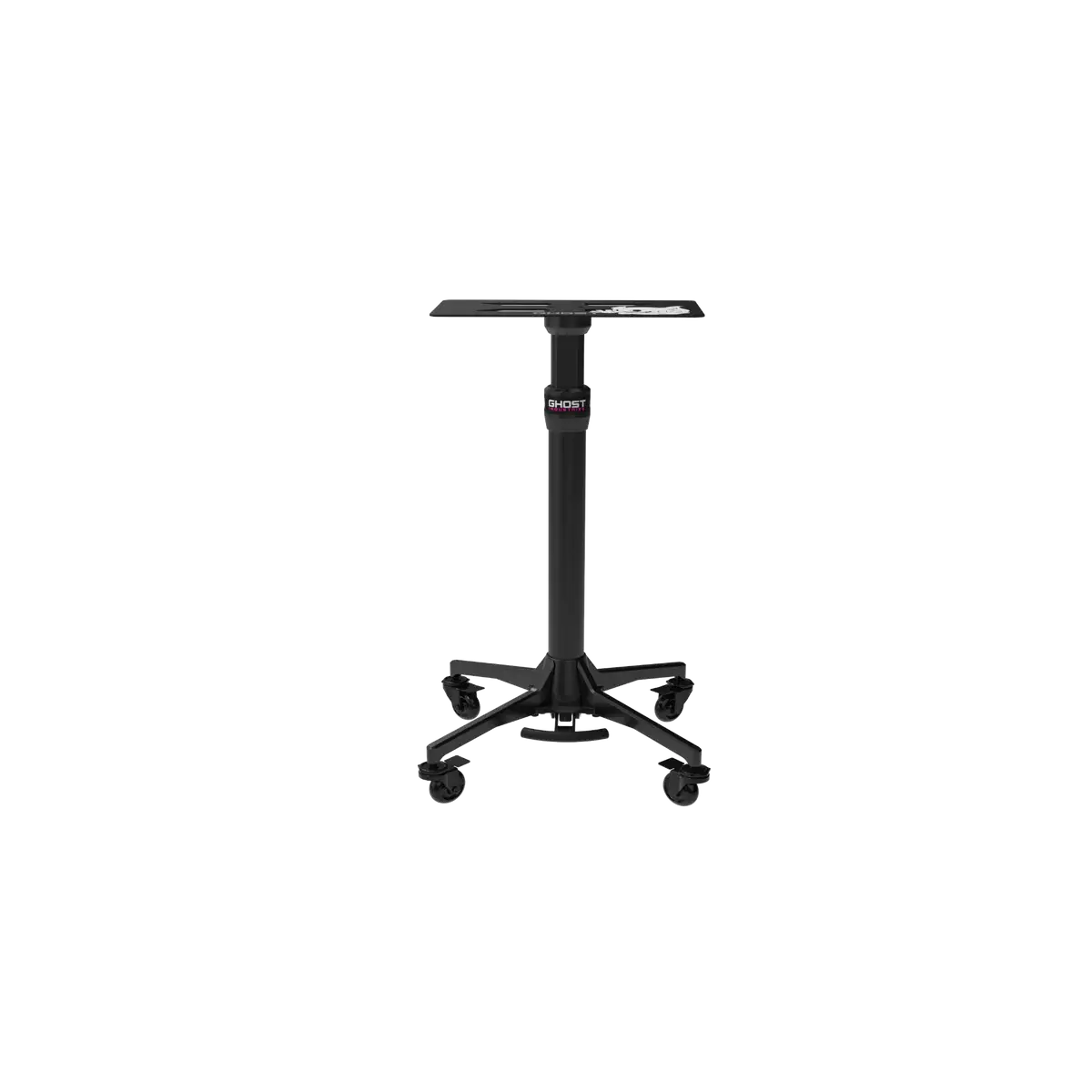 Black ghost brand adjustable height office stool with flat top and five-wheel mayo base shown from the back side