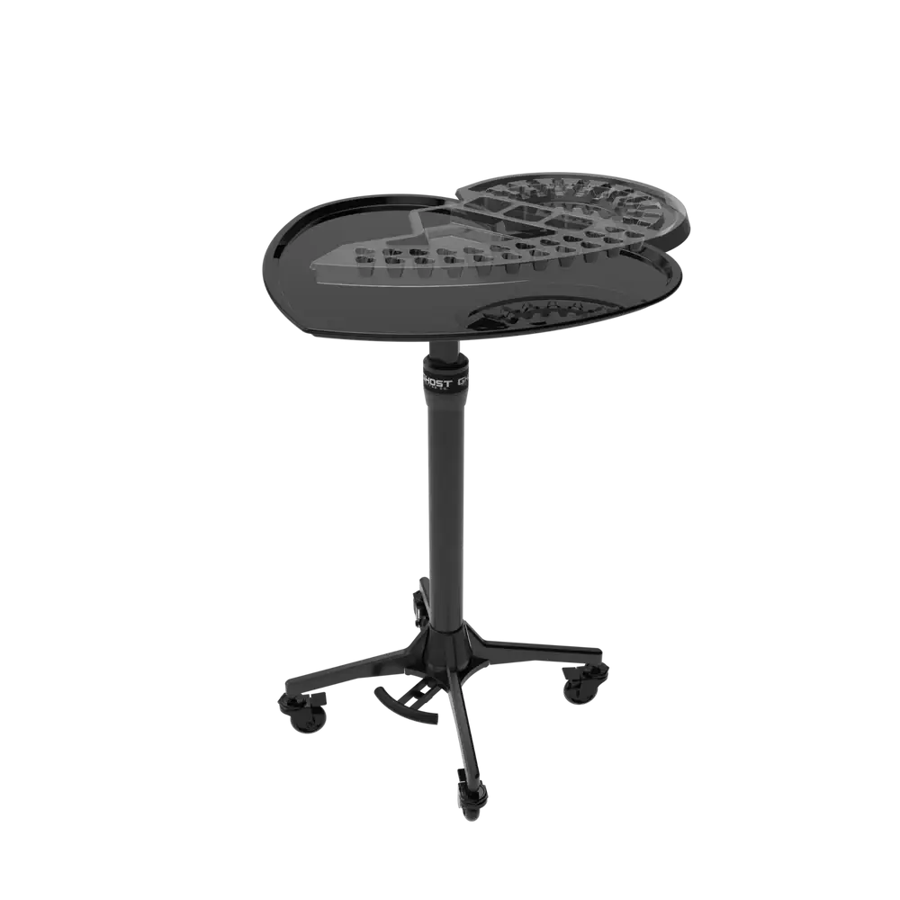 Black electronic drum pad on wheeled stand shown with ghost disposable tray 20pcs for easy setup and use