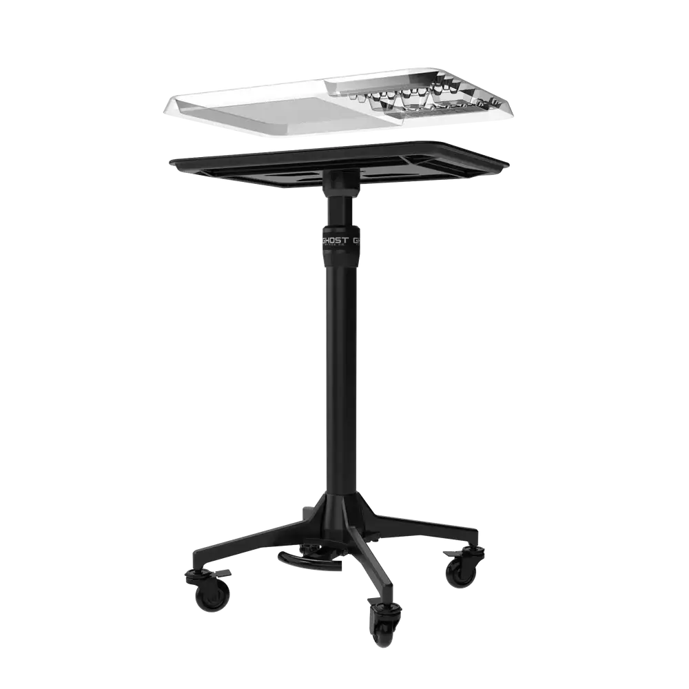 Black adjustable-height laptop cart with white disposable tray and integrated cable management system, 25pcs pack