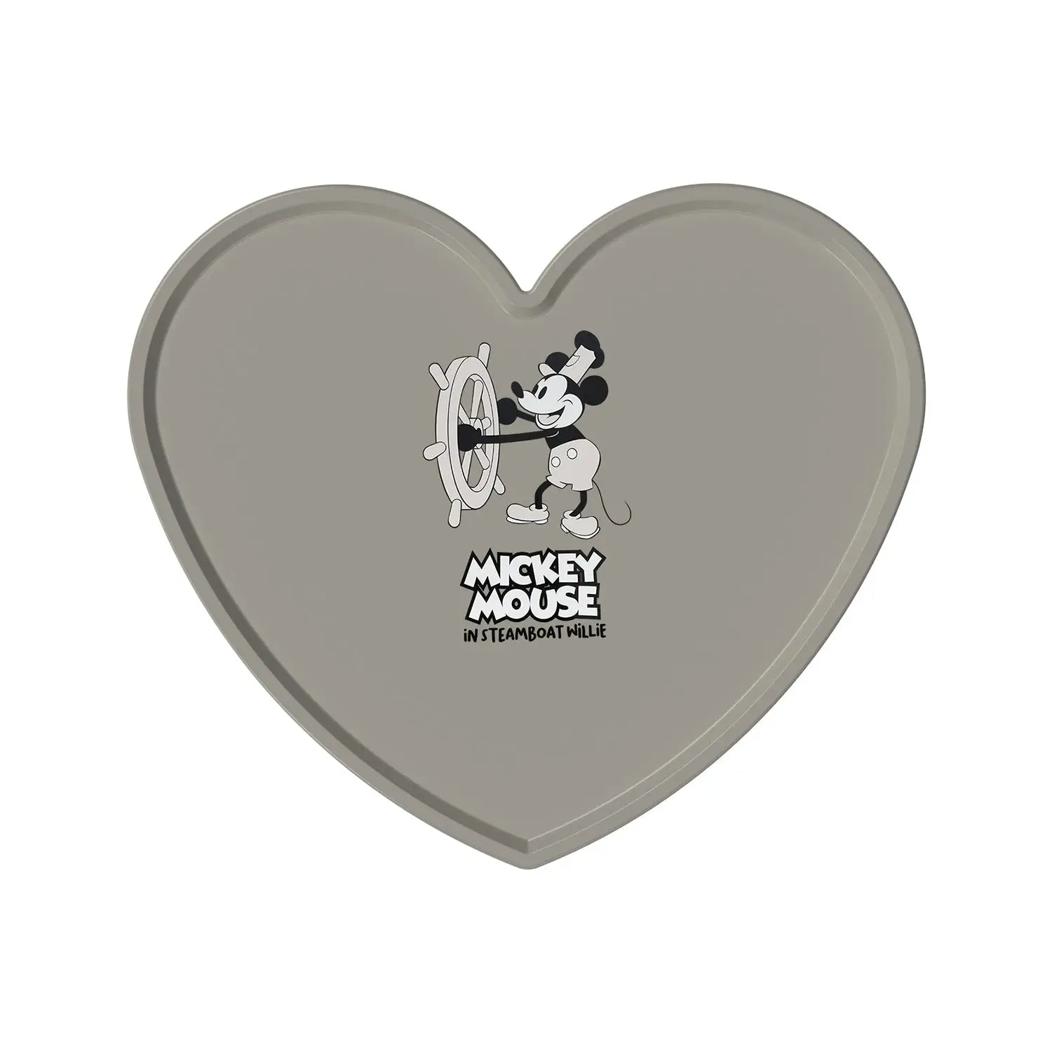 Gray heart-shaped ghost heart tray coaster with black and white mickey mouse steamboat willie illustration