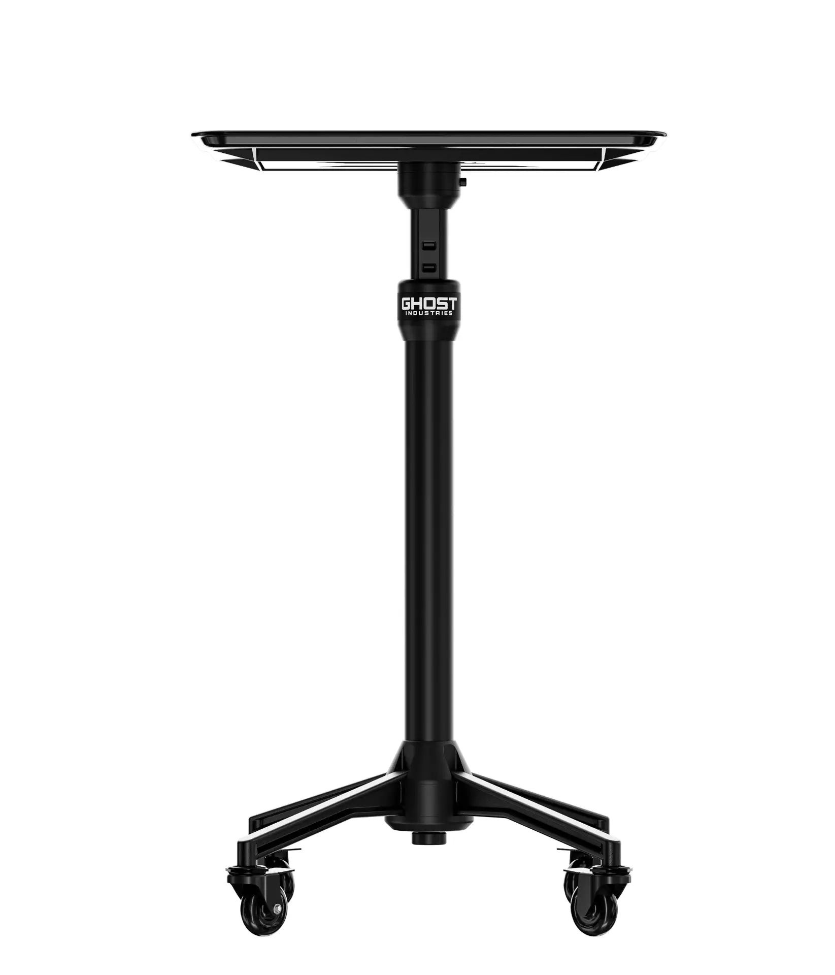 Black adjustable-height ghost industries travel base monitor stand with wheels and sturdy tripod base