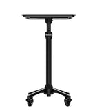 Black adjustable-height ghost industries travel base monitor stand with wheels and sturdy tripod base