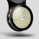 Black circular led light with yellowish white leds in concentric circles and orange power button on goat g8 v2 combo side