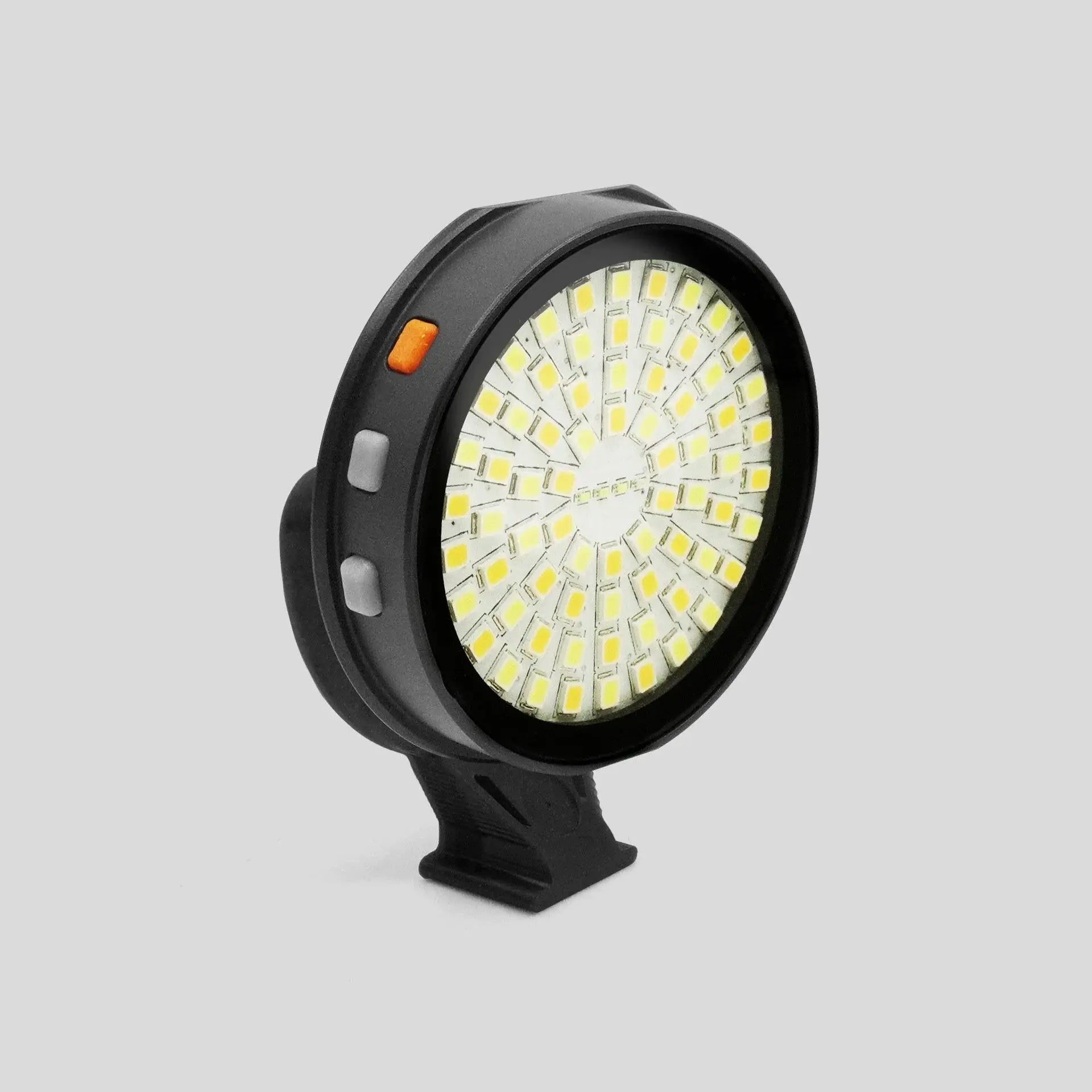 Goat light support black circular led light with bright yellow leds and an orange power button on the side