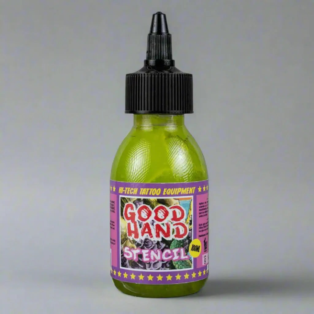 A vibrant green translucent plastic stencil bottle with a black ribbed cap and red good hand label on purple background