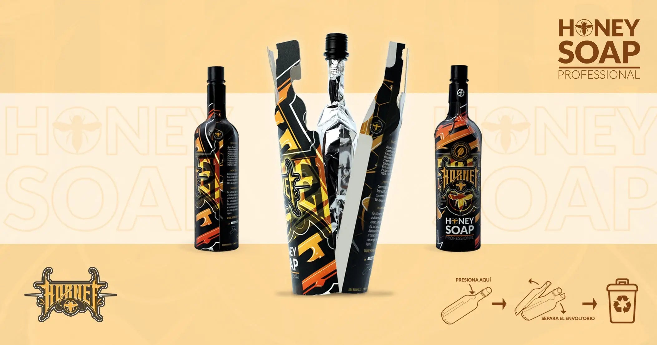 Schwarz-orange gemusterte Glasflasche mit HORNET-Honigseife 750 ml für den professionellen Gebrauch