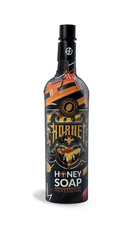 Eine elegante schwarze 750 ml Flasche HORNET-Honigseife mit auffälligen orangefarbenen und goldenen Bienenmotiven auf dem Etikett
