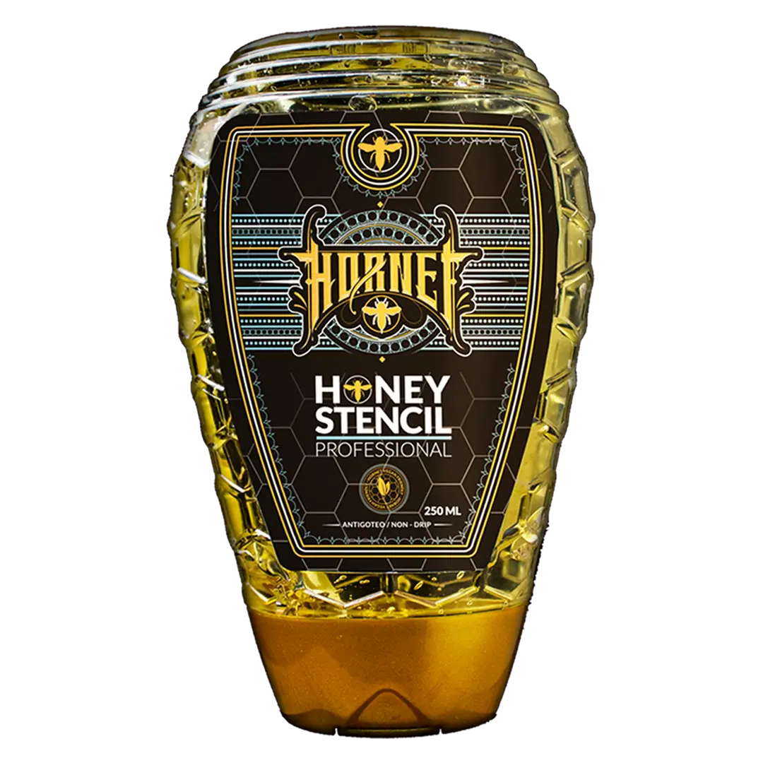 Golden honey in a clear textured plastic bottle with ornate black and gold Hornet honey stencil professional label 250ml