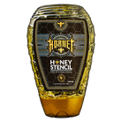 Goldener Honig in einer klaren, strukturierten Kunststoffflasche mit kunstvollem schwarz-goldenem HORNET-Honig-stencil-Profi-Etikett 250ml