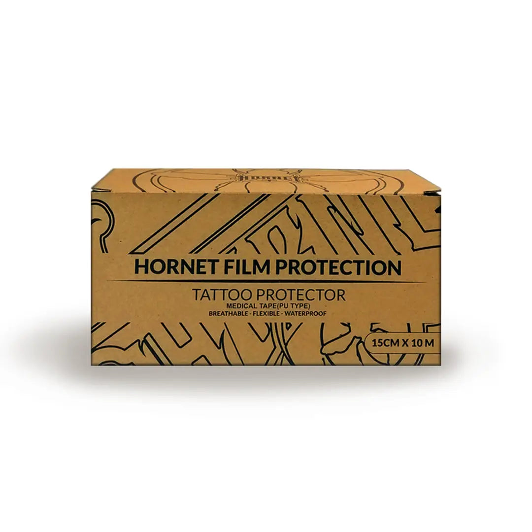 Braune Kartonbox mit HORNET-Filmschutz für Tattoos mit schwarzem Line-Art-Design, 15 cm x 10 m Folie