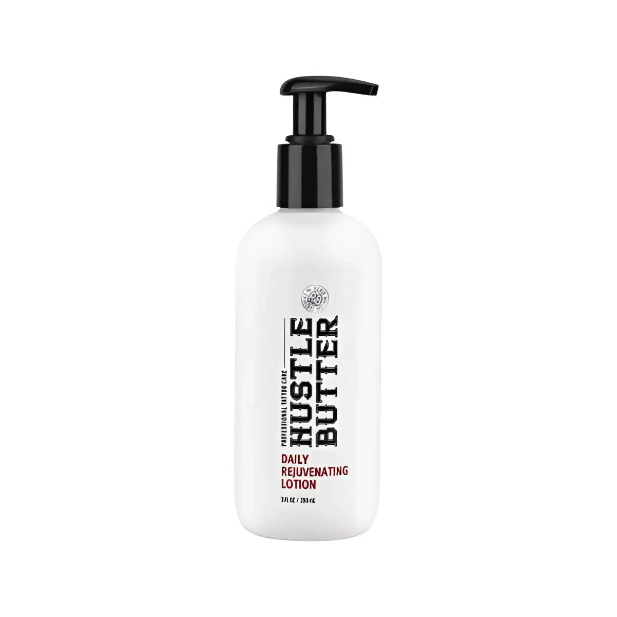 Weiße Kunststoffflasche mit HUSTLE BUTTER Deluxe täglicher regenerierender Lotion und schwarzem Pumpspender, 295 ml