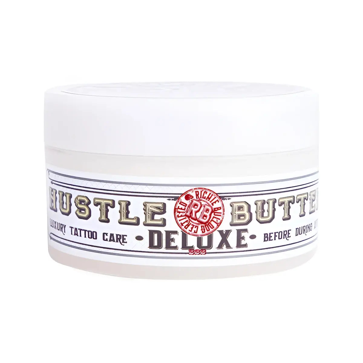 Weiße Plastikdose mit HUSTLE BUTTER Deluxe Luxury Organic Tattoo-Pflege zur Befeuchtung und Heilung tätowierter Haut