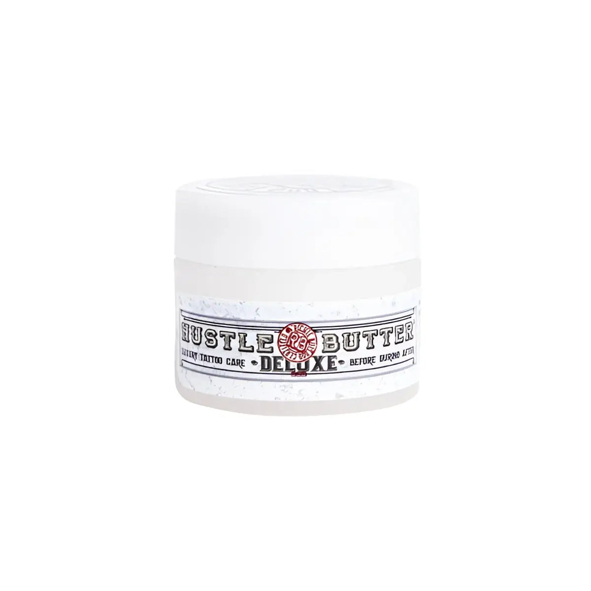 White ceramic jar with speckled label of hustle butter deluxe organic tattoo care by tattoo care brand
