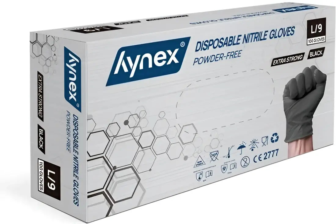 Eine Box mit schwarzen, extra starken Einweg-Nitrilhandschuhen von hynex aus der Premium-Gloves-Kollektion