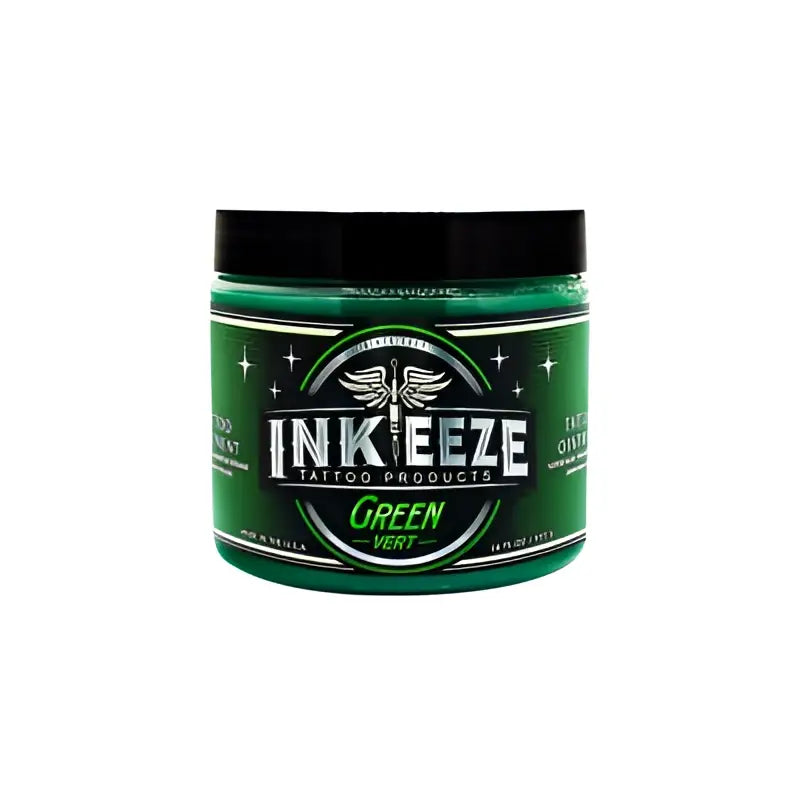 Ink-eeze grüne Glide-Tattoo-Salbe in zylindrischem Glas mit schwarzem Deckel und metallisch silbernem Etikett zur Tattoo-Pflege