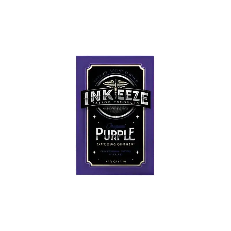 Purple Inkeeze Tattoo-Salbe in einer eleganten rechteckigen Verpackung mit schwarz-silberner Kennzeichnung zur Tattoopflege